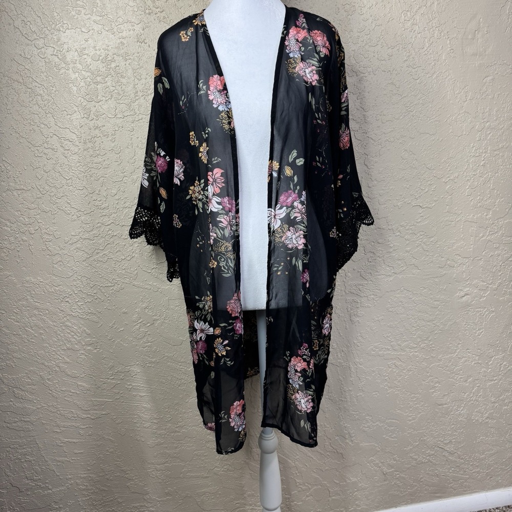 Wallflower Sheer Kimono Open Duster Size M Black Floral Lace Whimsigoth Fairy